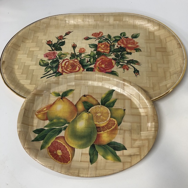 TRAY, Oval Woven w Floral or Fruit 